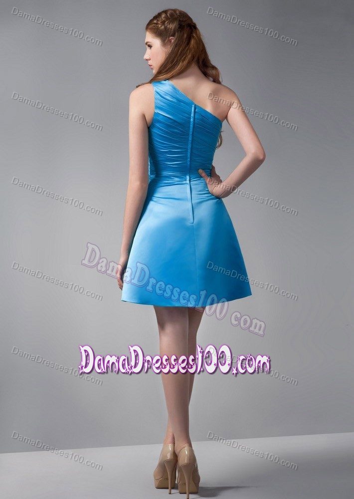 One Shoulder Aqua Blue A-line Ruched Mini-length Dama Dress