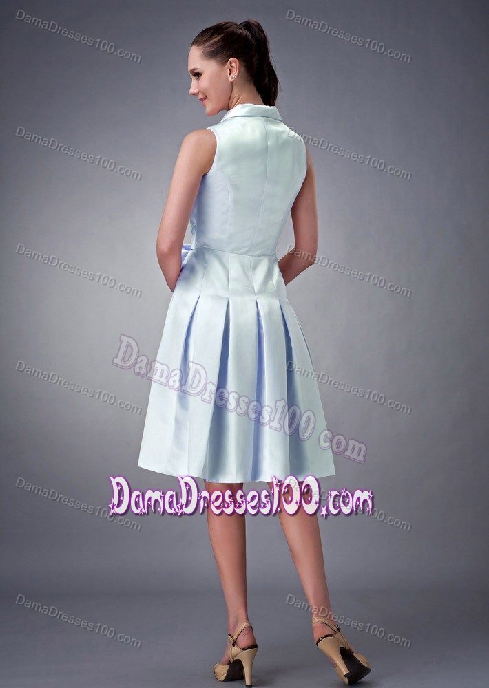 Light Blue Bow Knee-length V-neck Dama Dress with Ruchings