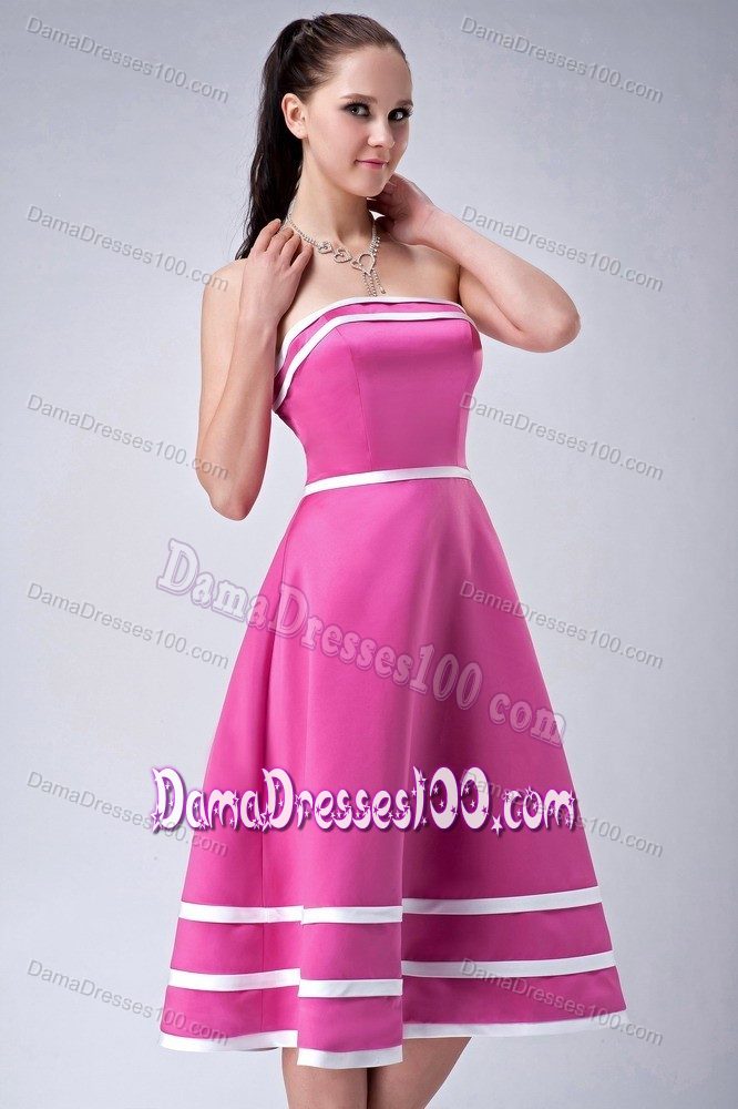 Satin Hot Pink Tea-length A-line Formal Dresses for Damas