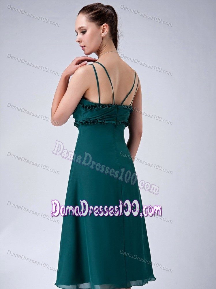 Tea-length Dark Green Straps Prom Dama Dress with Applique