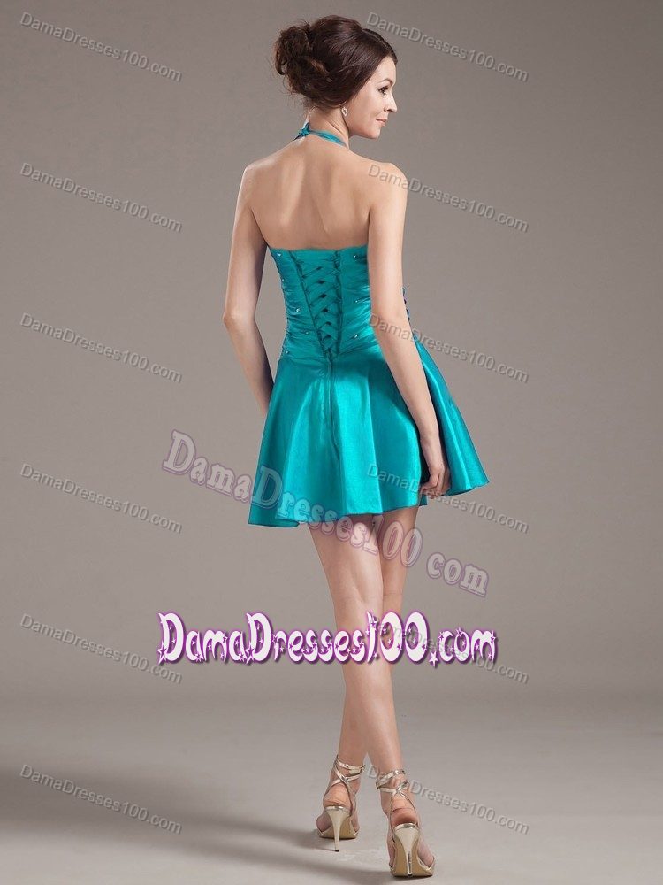 Turquoise Halter Ruche Mini-length Dama Dress With Beading