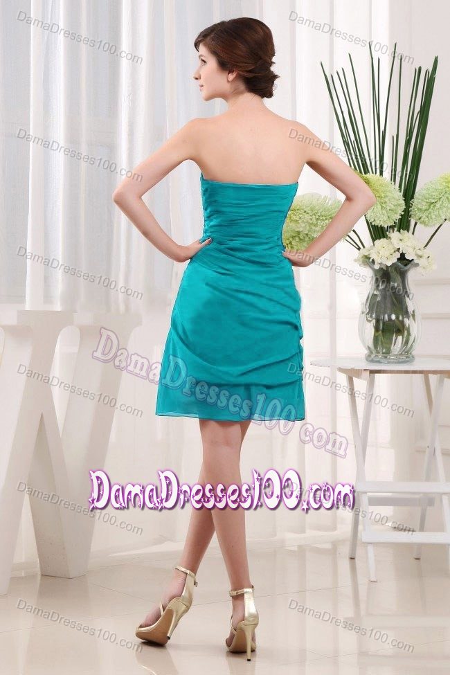 Turquoise Ruche Strapless Dama Dress with Hand Made Flower