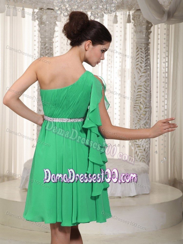 One Shoulder Green Chiffon Mini-length Beaded Dama Dresses