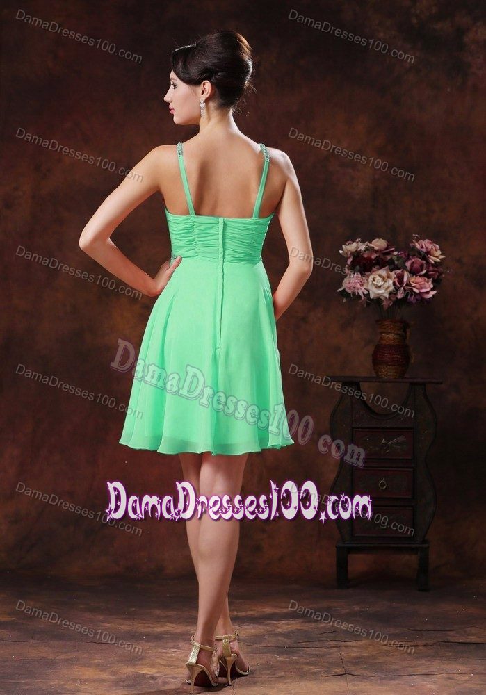 Short V-neck Green Beaded Dama Dress for Quinceanera 2014