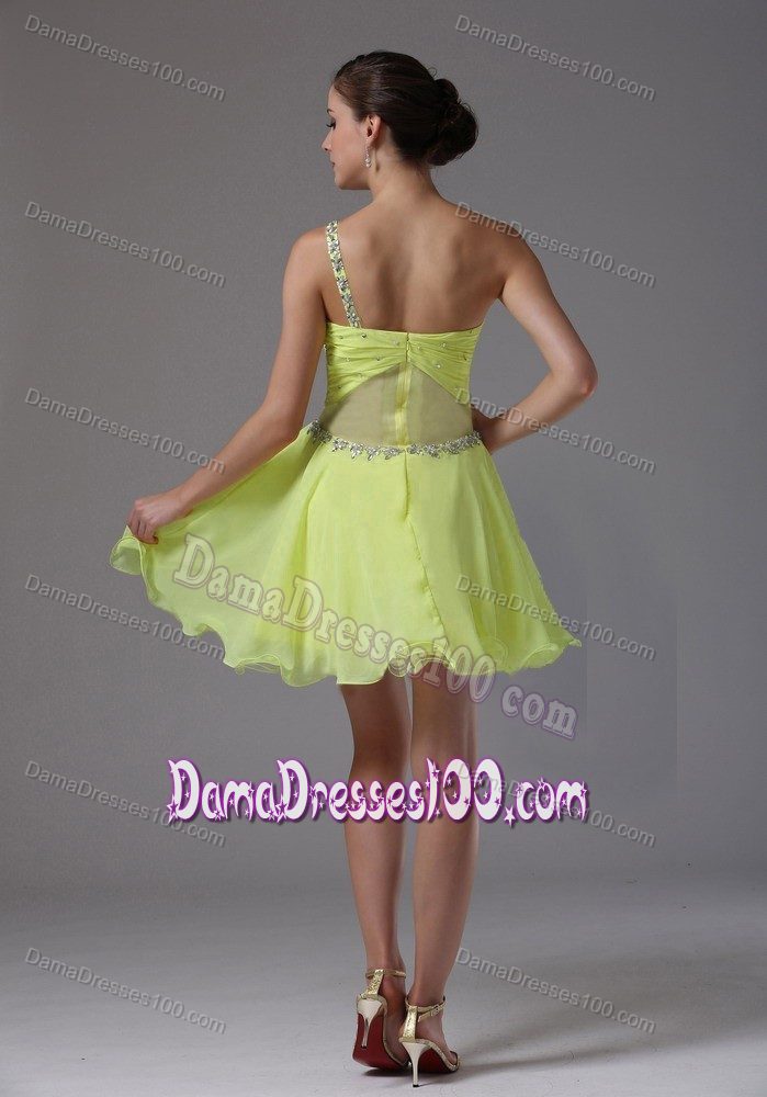 Ruched One Shoulder Beading Dress for Dama in Yellow Green