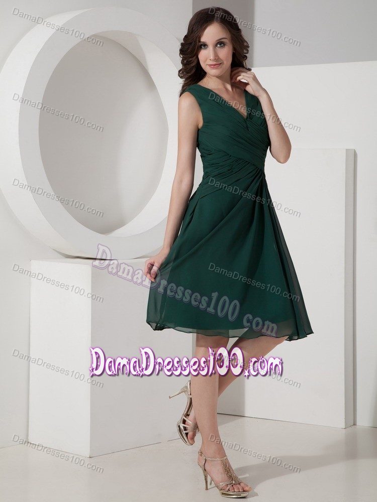 Mini-length Olive Green Ruched V-neck Chiffon Damas Dress