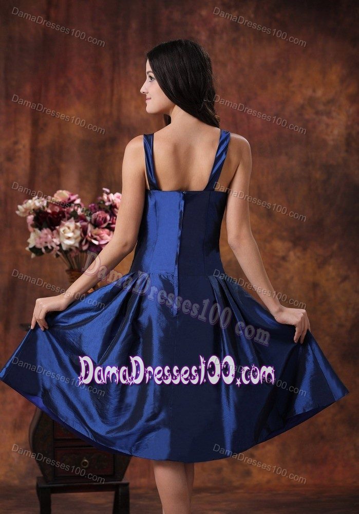 Tea-length Royal Blue Cheap Quince Dama Dress With V-neck