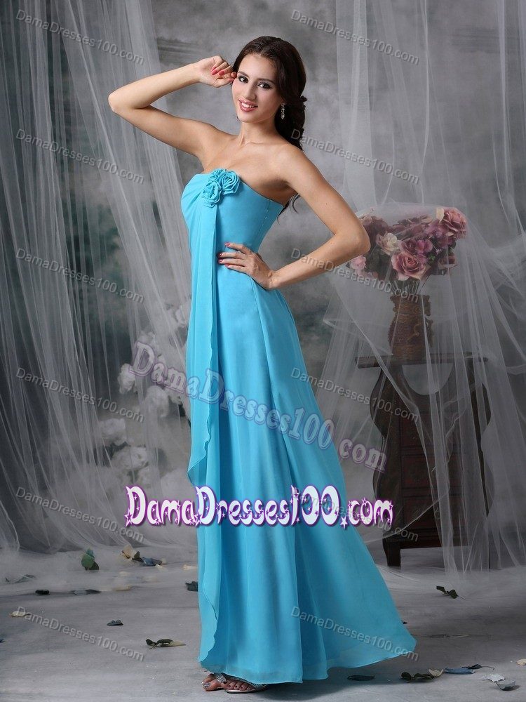 Chiffon Empire Baby Blue Dama Dress with Hand Made Flowers