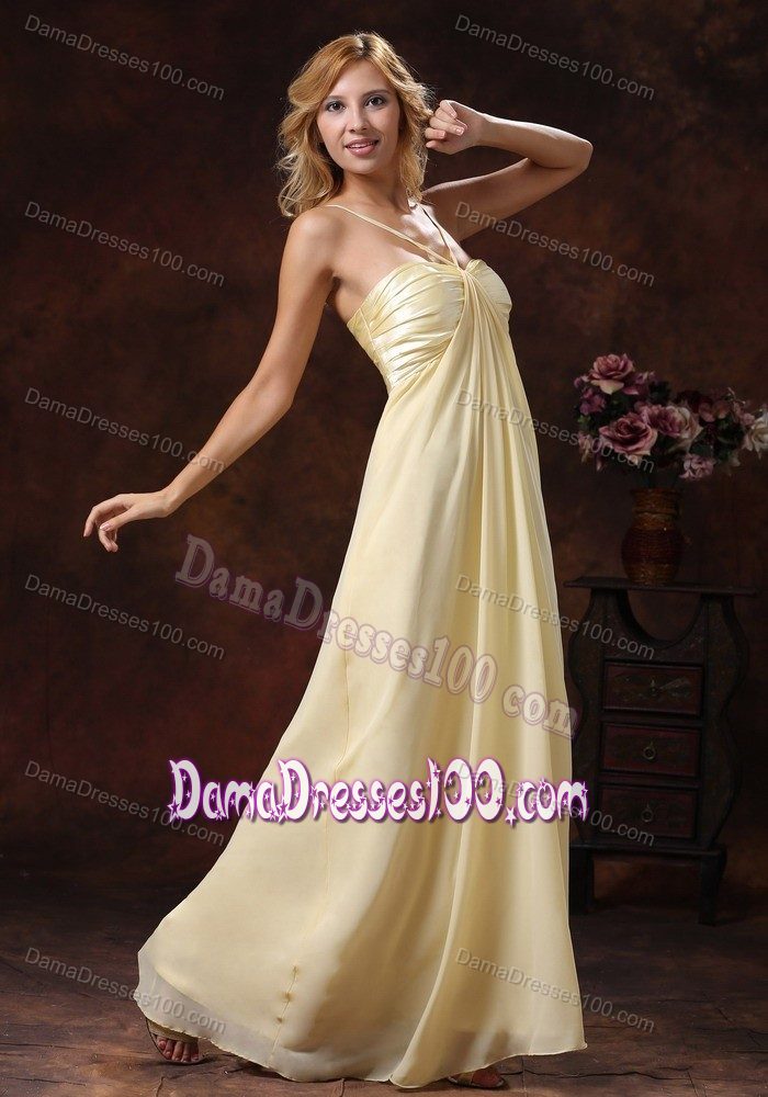 Ruched Light Yellow Spaghetti Straps Prom Dresses for Dama