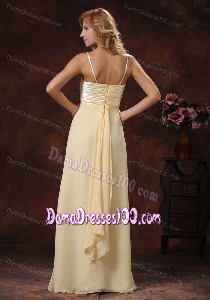 Ruched Light Yellow Spaghetti Straps Prom Dresses for Dama