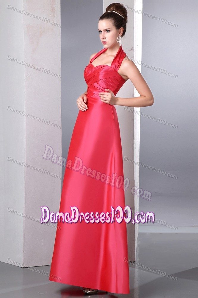 Halter Column Ankle-length Ruched Dama Dress in Coral Red