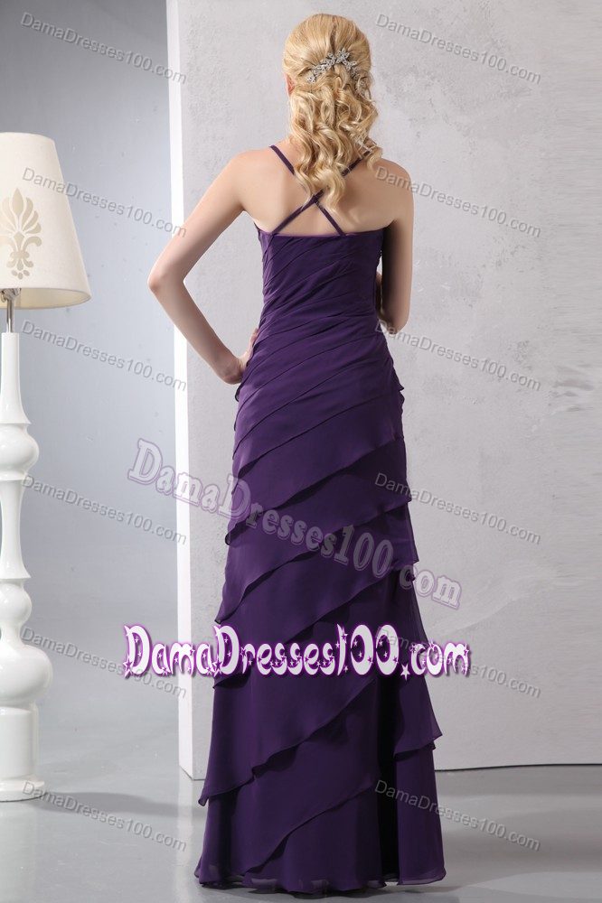 Ruffled Layers Dark Purple Chiffon Straps Prom Damas Dress