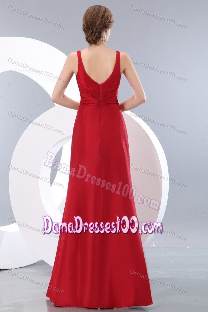 Ruched Red Column Taffeta Party Dama Dresses with V-neck