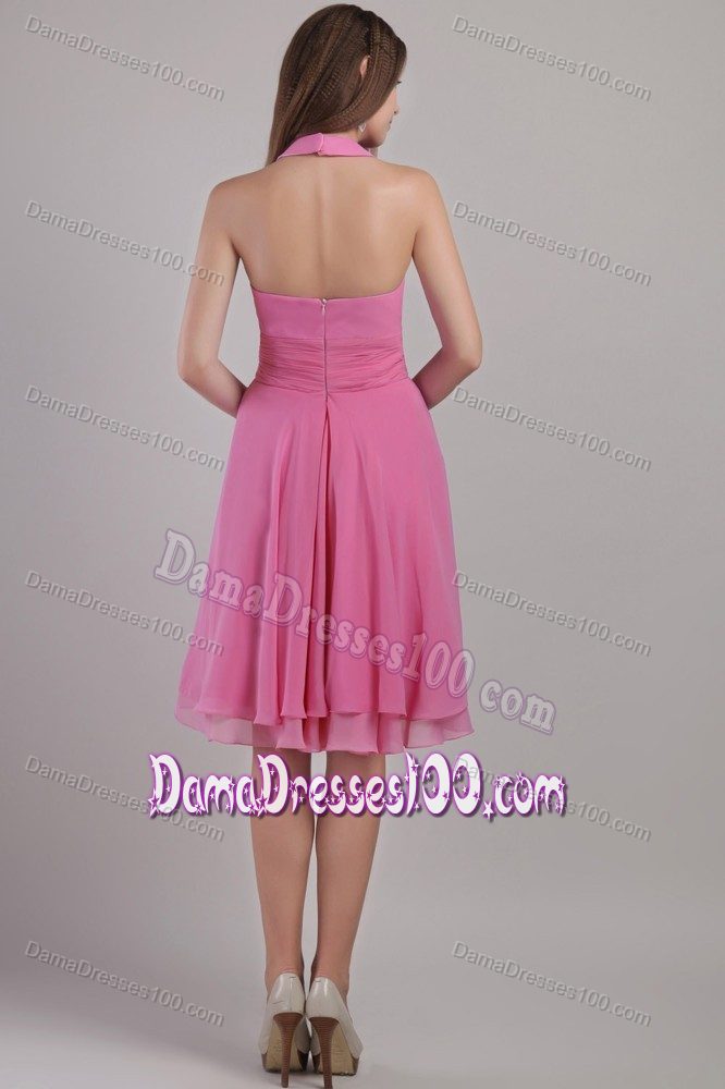 Hot Pink Chiffon Empire Knee-length Dama Dress with Halter