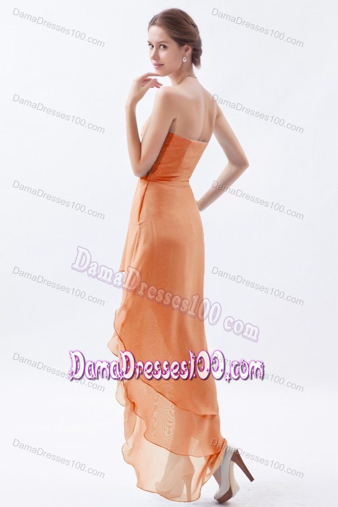 High-low Orange Chiffon A-line V-neck Beading Dama Dresses