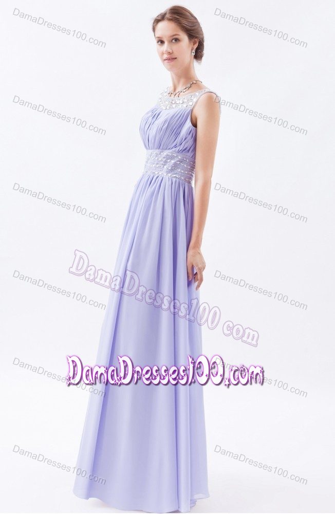 Lilac Chiffon Scoop Sheath Beaded Quince Dama Dresses 2013