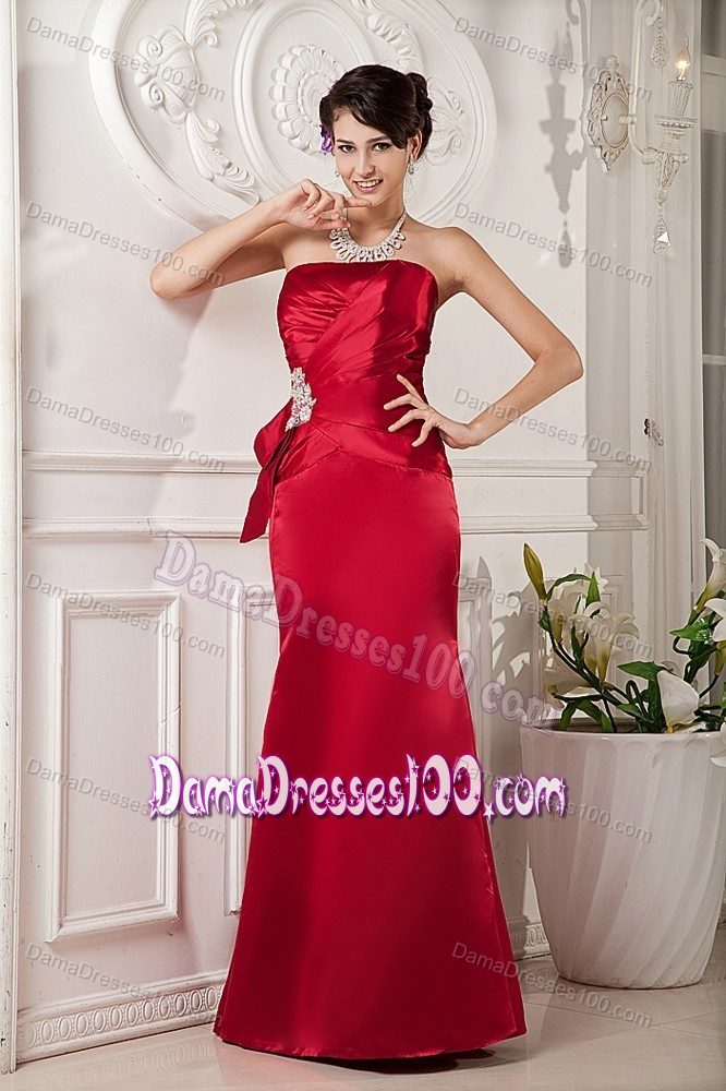 Beaded Red Satin Strapless Dama Dress for Quinceanera 2014