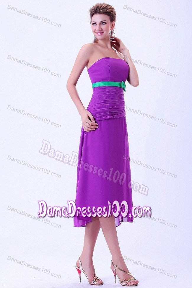 Column Belt Tea-length Chiffon Party Damas Dress in Purple