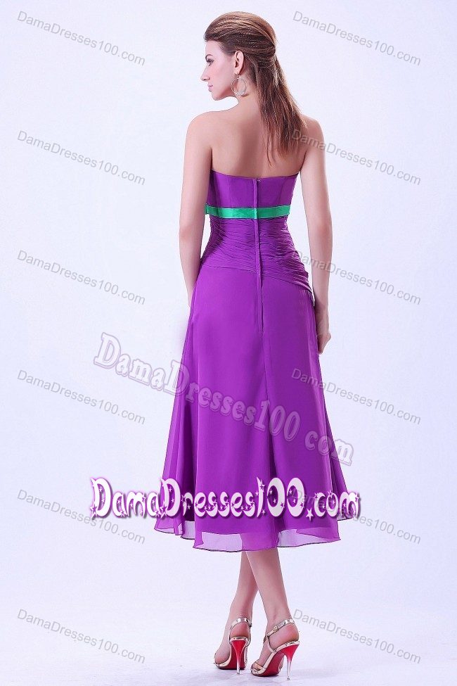 Column Belt Tea-length Chiffon Party Damas Dress in Purple