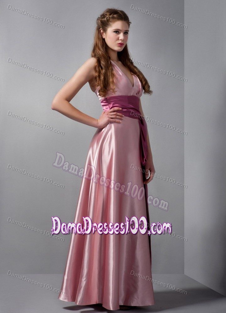 Sashed Pink V-neck Column Ruche 2013 Formal Dress for Dama