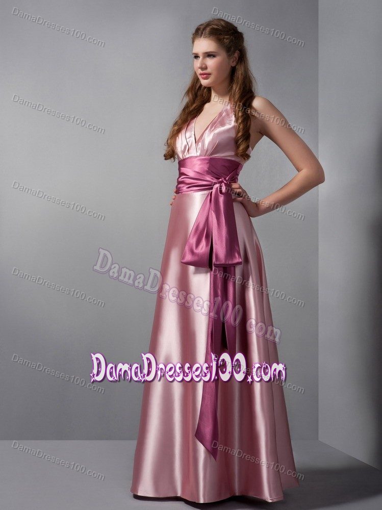 Sashed Pink V-neck Column Ruche 2013 Formal Dress for Dama