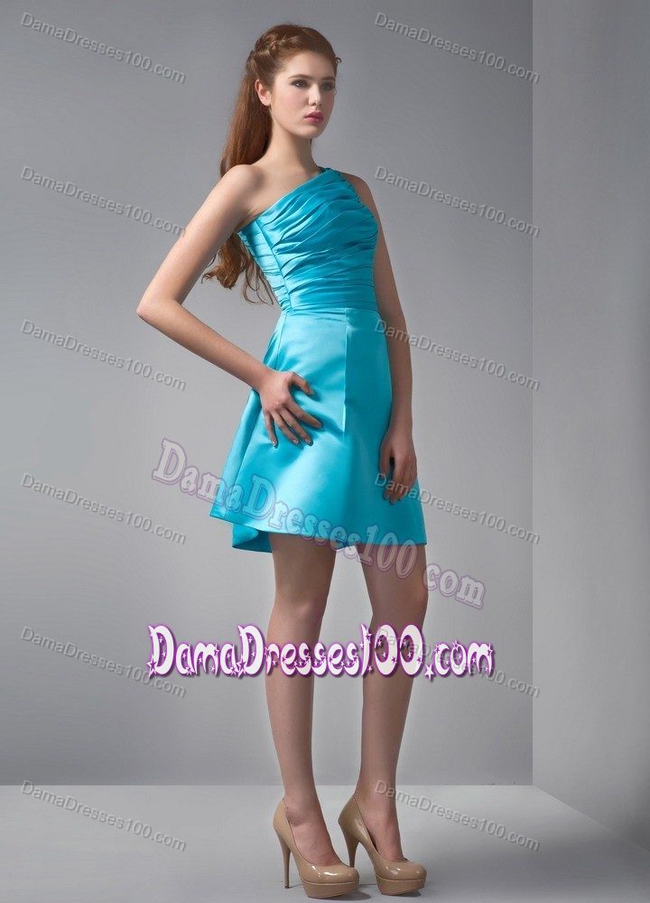 Mini-length Aqua Blue One Shoulder Dama Dress with Ruching