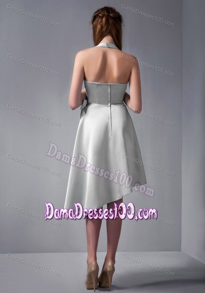Halter Gray Asymmetrical Hem A-line Prom Dama Dress Ruched