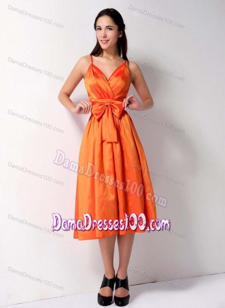 Spaghetti Straps Bow Tea-length Orange Damas Dresses 2014