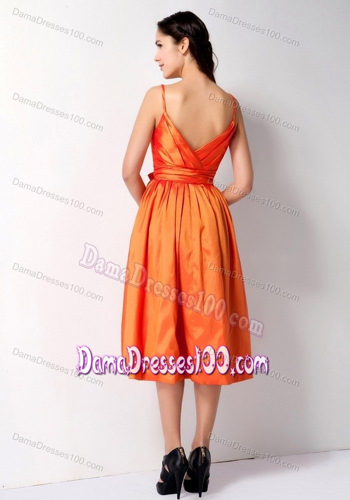 Spaghetti Straps Bow Tea-length Orange Damas Dresses 2014