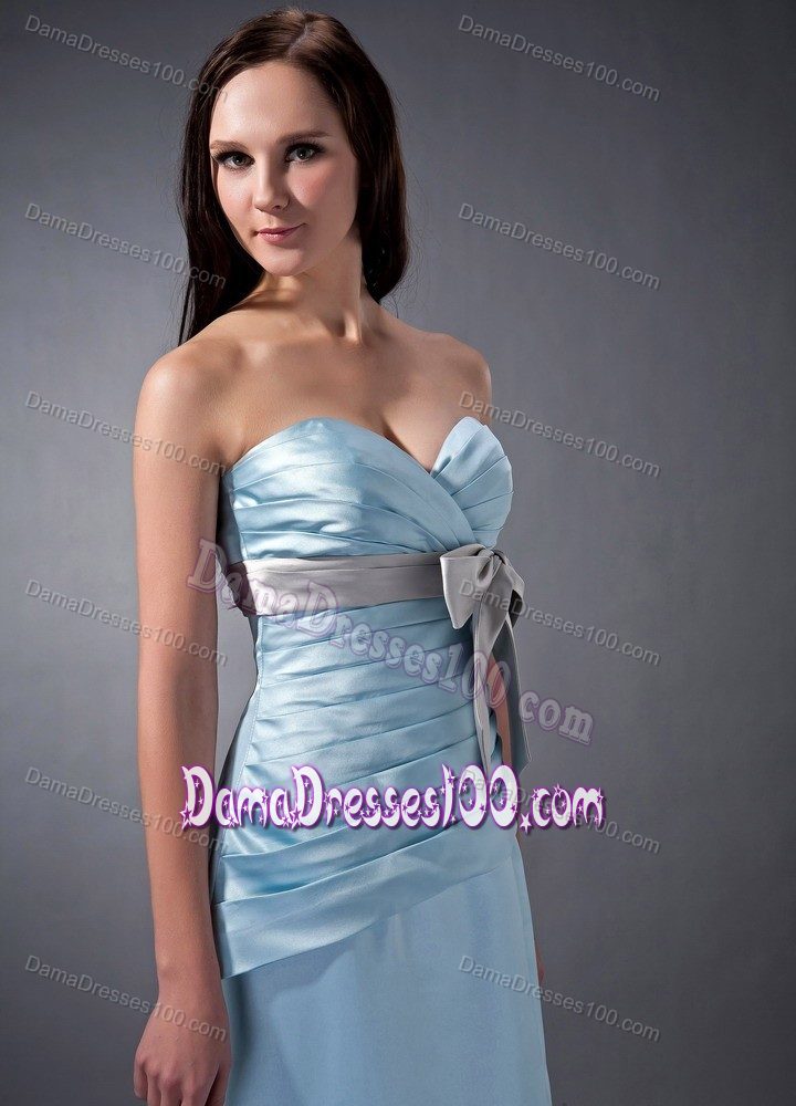 Ankle-length Baby Blue Bow Sweetheart Dama Dresses Ruched