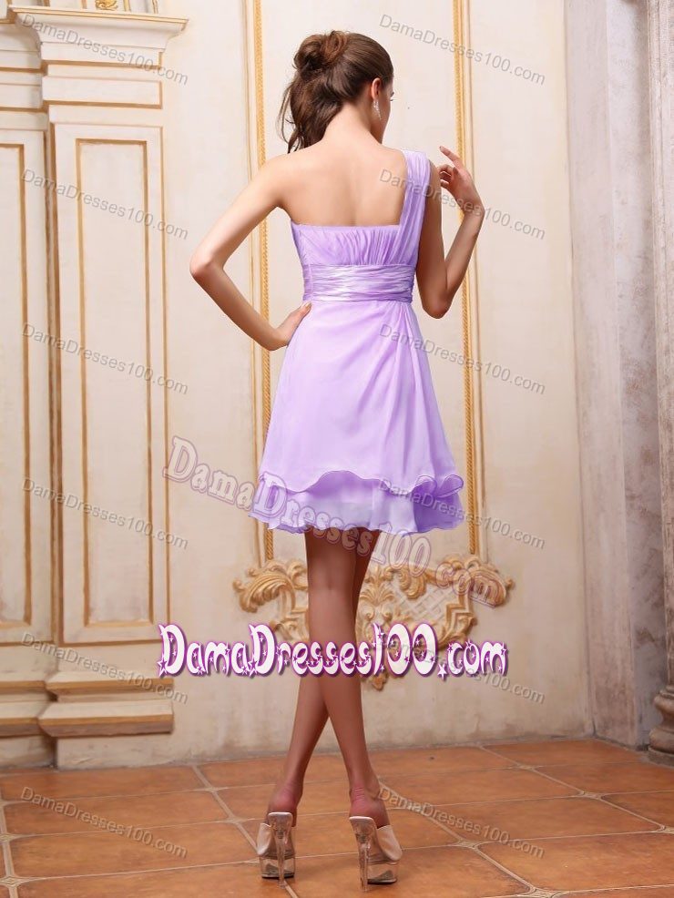 One Shoulder Lavender Ruched Dama Quinceanera Dress Beaded
