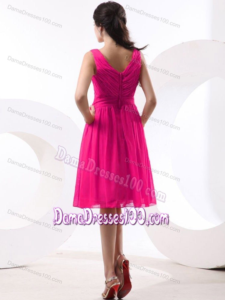 Coral Red Chiffon Ruchings Quince Dama Dresses With V-neck