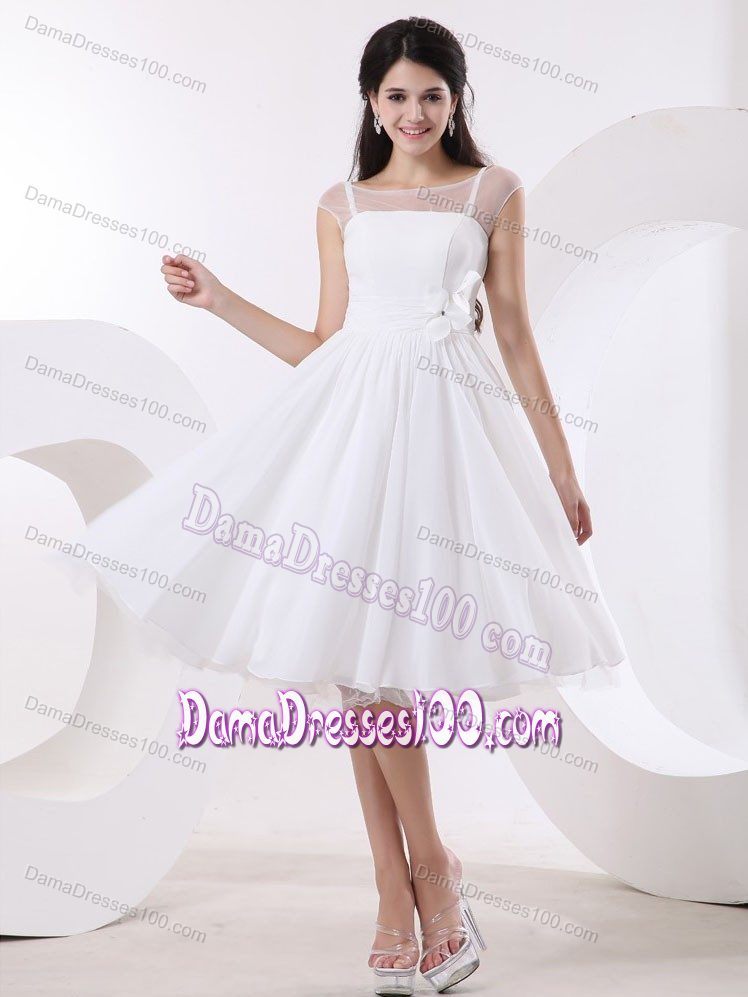 A-line White Hand Made Flowers Knee-length Dress for Damas