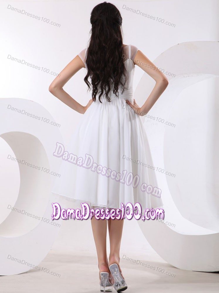 A-line White Hand Made Flowers Knee-length Dress for Damas