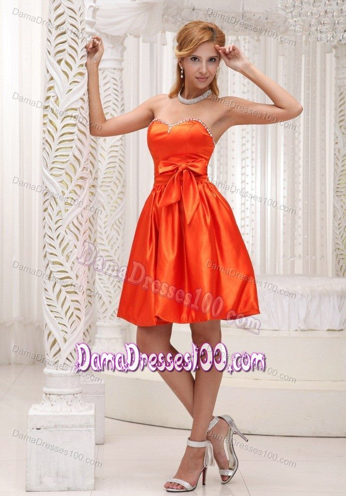Taffeta Orange Red Bowknot Quinceanera Dama Dresses Beaded