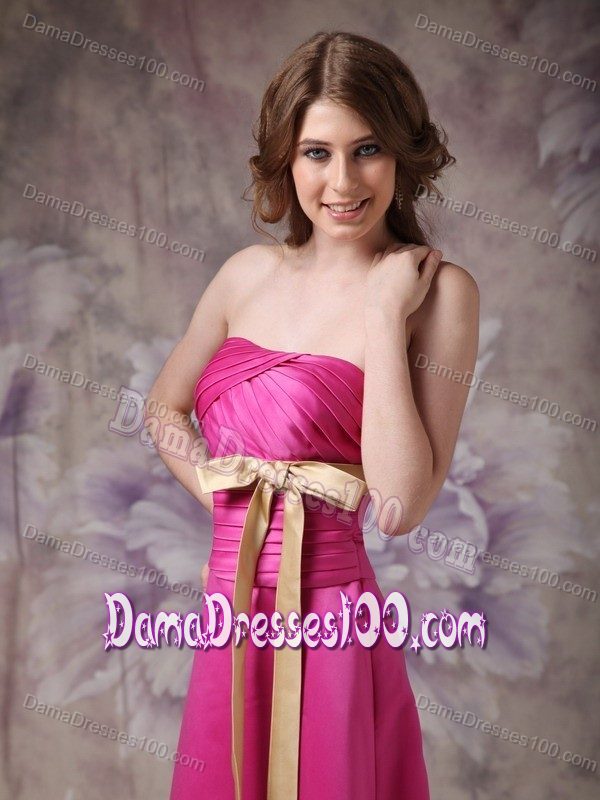 Brush Train Hot Pink Satin Column Ruched Bows Dama Dresses