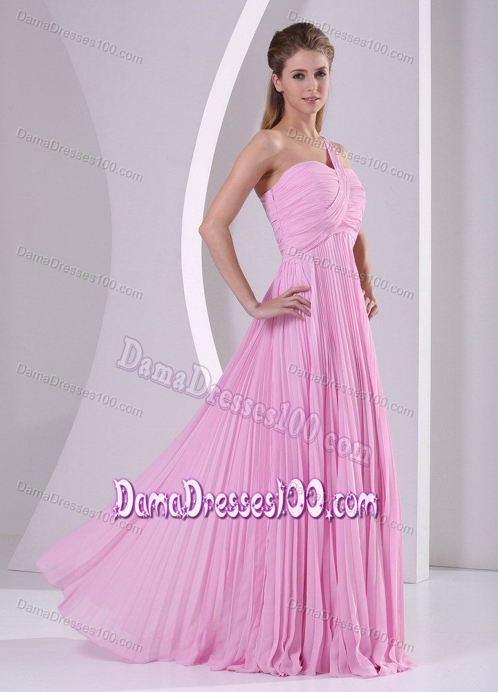 Pleated Pink One Shoulder Prom Dama Dress with Brush Train