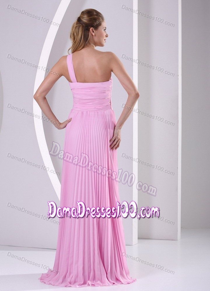 Pleated Pink One Shoulder Prom Dama Dress with Brush Train