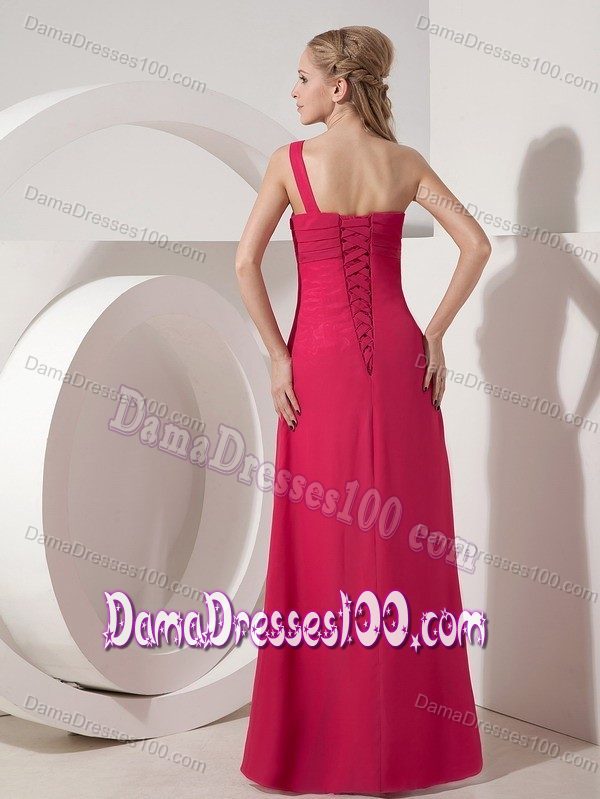 One Shoulder Ruched Chiffon Quince Dama Dress in Coral Red