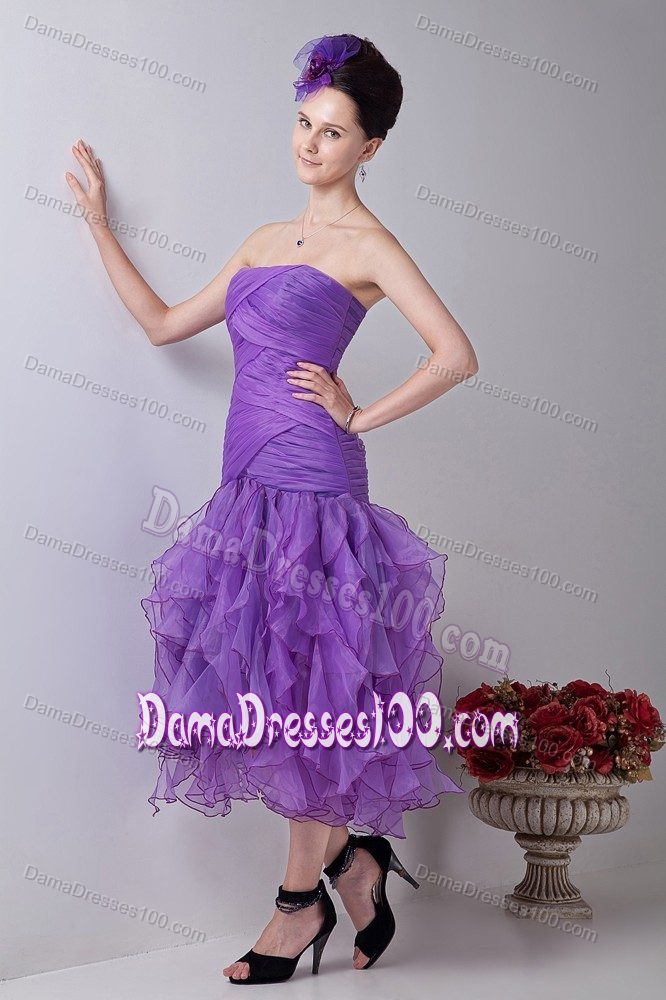 Mermaid Tea-length Lavender Organza Ruched Prom Dama Dress