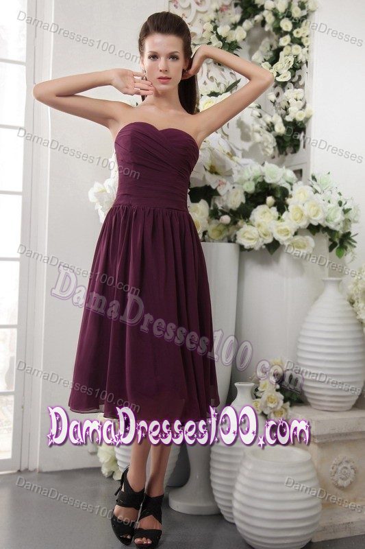 Tea-length Dark Purple Sweetheart Pleat Chiffon Dama Dress