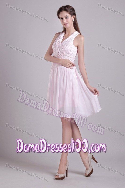 Baby Pink Chiffon V-neck Ruche Dama Dress for Quinceanera