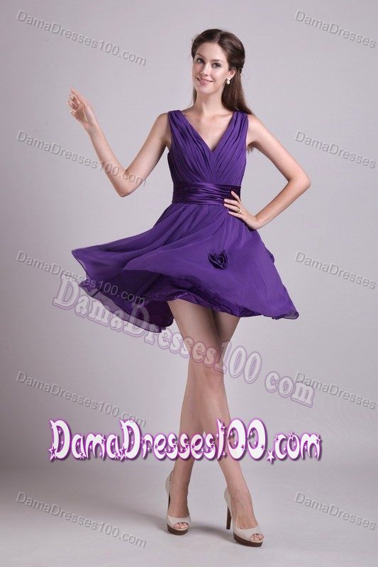 V-neck Chiffon Purple Short Hand Made Flowers Dama Dresses