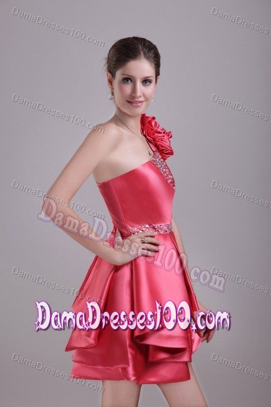 Mini-length One Shoulder Red Floral Bead Quince Dama Dress