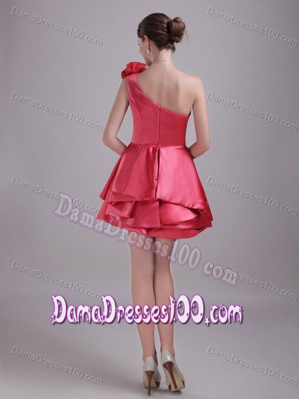 Mini-length One Shoulder Red Floral Bead Quince Dama Dress