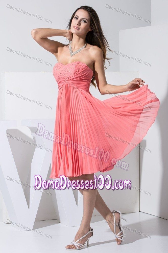 Sweetheart Pleating Watermelon Dresses for Quinces Beaded