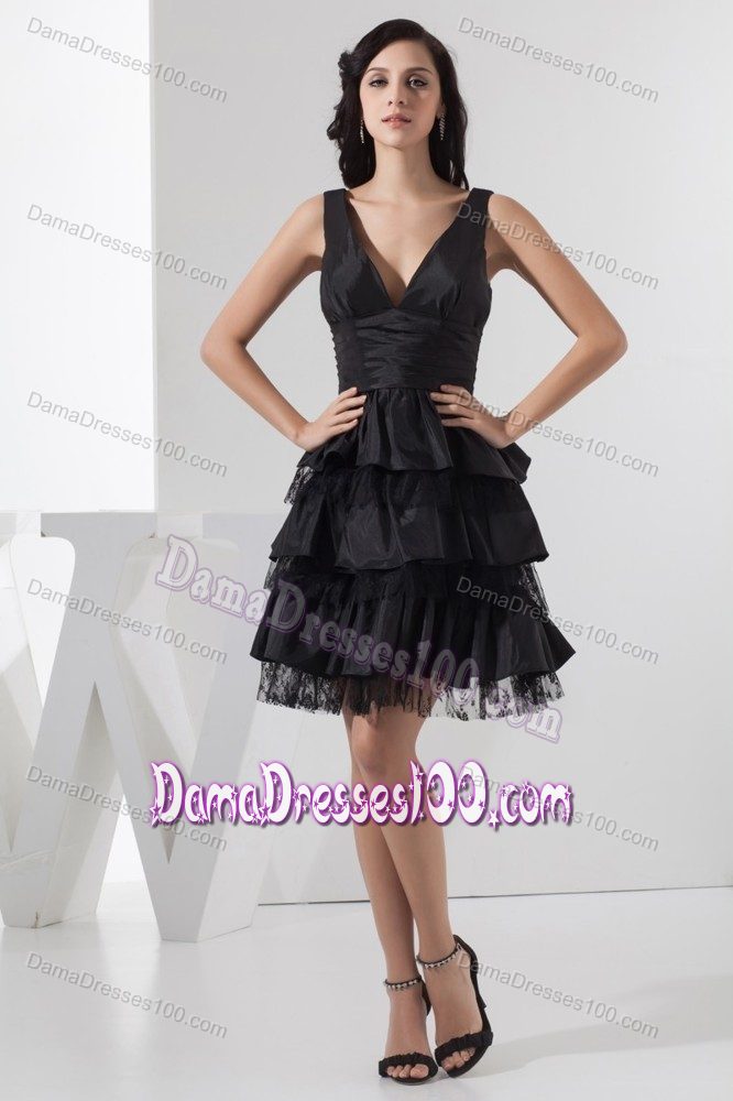 Deep V-neck Black Knee-length Dama Dress with Ruffles 2014