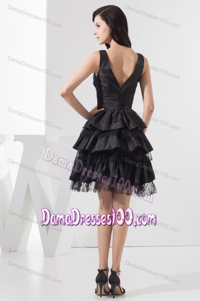 Deep V-neck Black Knee-length Dama Dress with Ruffles 2014