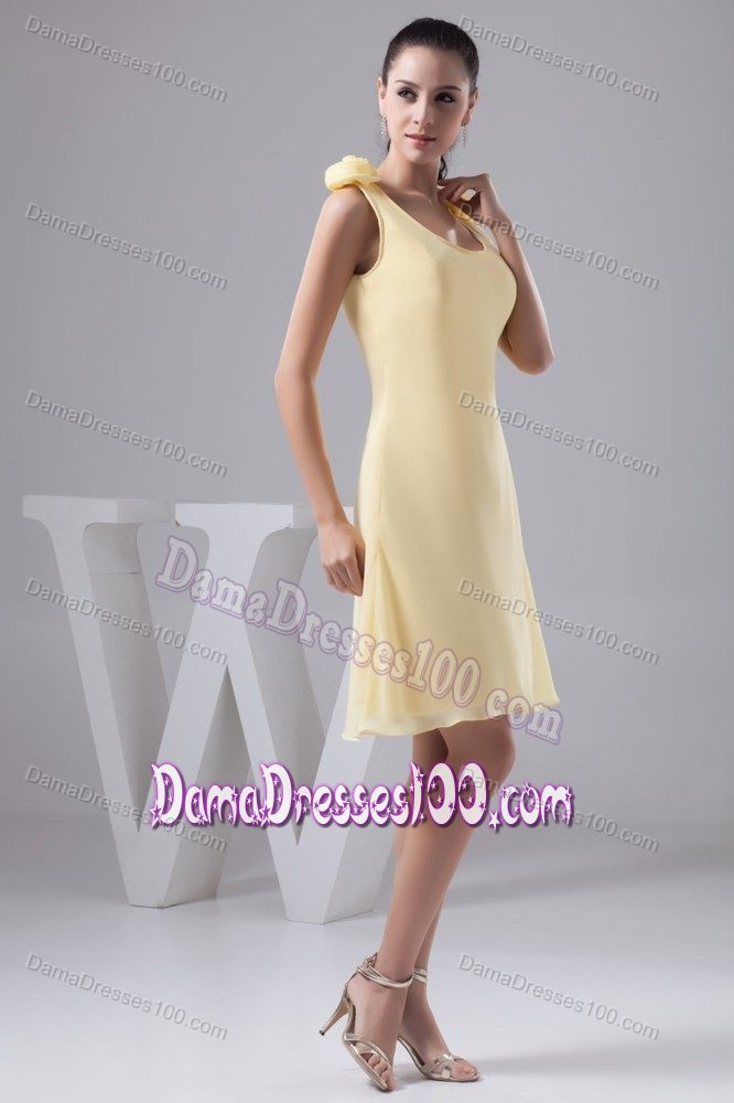 Yellow Scoop Column Short Dama Dress with Hand Made Flower
