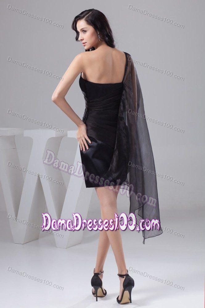 Ruched One Shoulder Black Taffeta Mini-length Dama Dresses